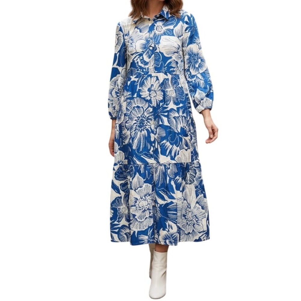 New Tahari Arthur S. Levine‎ Women's Maxi Dress XS Denim Ivory Floral 3/4 Sleeve